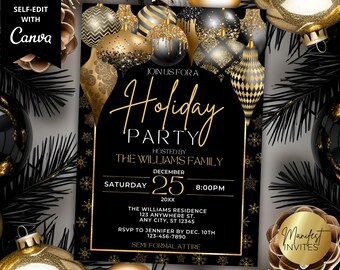 Bewerkbare elegante zwarte gouden ornamenten uitnodiging feest vakantie, formeel kerst kerstdiner en cocktails, afdrukbare sjabloon, download