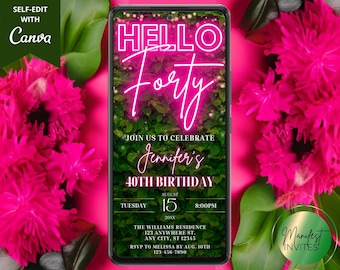 Digitale Hello veertig 40e verjaardag roze neon groen uitnodiging feest, elektronische telefoon tekst Evite, bewerkbare sjabloon, Instant Download