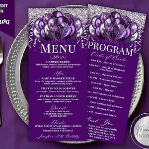 Pode incluir: Um conjunto de cartões de menu e programa com um tema roxo. O menu apresenta uma lista de alimentos e o programa lista a ordem dos eventos. Os cartões têm um design de glitter prateado e gráficos de balões roxos. O texto "Jennifer's 30th Birthday" é visível.