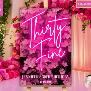 Thirty Fine Script Editable Thirty Fine 35th Birthday Party Pink Neon Floral Welcome Sign ...
