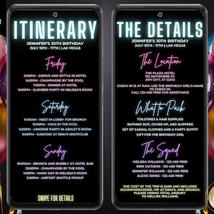 Digital Rainbow Neon Birthday Weekend Trip Itinerary Invitation, Schedule Travel Details, Phone Evite, Editable Template, Instant Download
