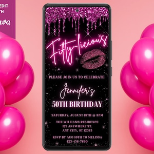 Digital Fiftylicious 50th Birthday Party Invite, Electronic Phone Evite, Neon Pink Glitter Drip, Editable Template, Instant Download, PGD7