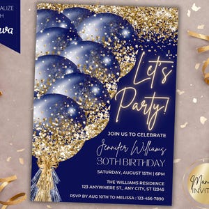 Editable Let&#39;s Party Navy Blue Gold Glitter Balloons Glam Birthday Party Invitation, Printable Invite Card, Canva Template, Instant Download