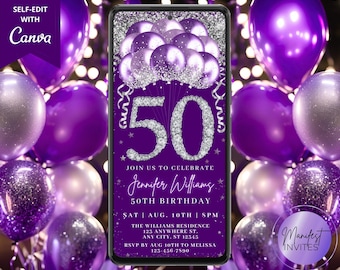 Digital 50th Birthday Diamond Purple Silver Balloons Party Invitation, Elegant Glam, Phone Evite, Editable Template, Instant Download, PS82