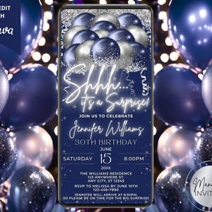 Digital Shhh It&#39;s a Surprise Blue Silver Glitter Balloons Birthday Party Invitation, Phone Text Evite, Editable Template, Instant Download