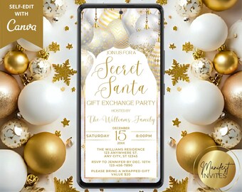 Puede incluir: Invitación digital para una fiesta de intercambio de regalos de Secret Santa, mostrada en un teléfono inteligente. El diseño presenta adornos dorados y blancos, copos de nieve y globos. El texto incluye detalles del evento.