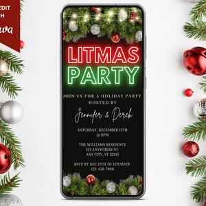 Digital Litmas Party Christmas Party Invitation, Electronic Christmas Phone Invite, Editable Template, Text Message Evite, Instant Download