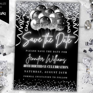 Editable Black Silver Glitter Balloons Neon Save the Date Party Invitation Template, Printable Card and Phone Text Evite, Instant Download