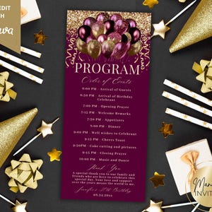 Pode incluir: Um programa de aniversário roxo e dourado com um gráfico de balões. O programa detalha a ordem dos eventos, desde a chegada dos convidados até a música e a dança. O texto "SELF-EDIT WITH Canva" está no canto superior esquerdo.