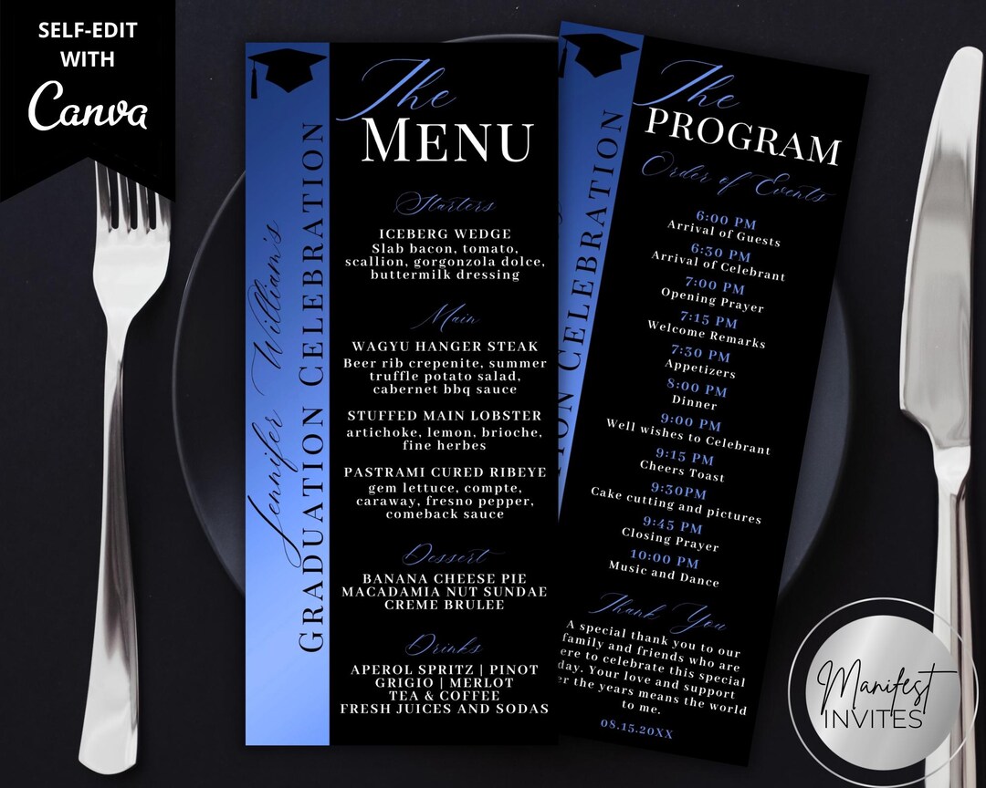 Editable Elegant Blue Graduation Menu Program & Thank You Card, Grad ...