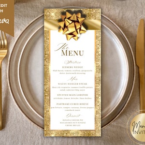 Bearbeitbares elegantes Weihnachtsdinner Party Menü Kartenvorlage, druckbares Urlaubsmenü, Weihnachtshochzeitsmenü, Geburtstagsmenü, Instant Download