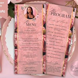 May include: A pink and gold menu and program for a birthday celebration. The menu features a photo of a woman and a list of food and drinks. The program lists the order of events. The text "Jennifer's 30th Birthday" is visible.