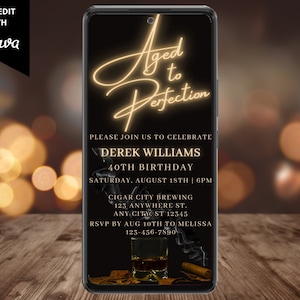 Electronic Men's Aged To Perfection Whiskey Cigar Birthday Party Invitation, Digital Phone Evite, Editable Template, Instant Download, WM42