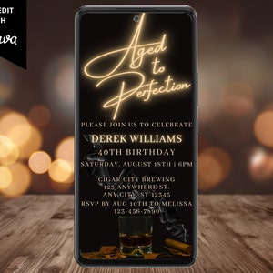 Electronic Men's Aged To Perfection Whiskey Cigar Birthday Party Invitation, Digital Phone Evite, Editable Template, Instant Download, WM42