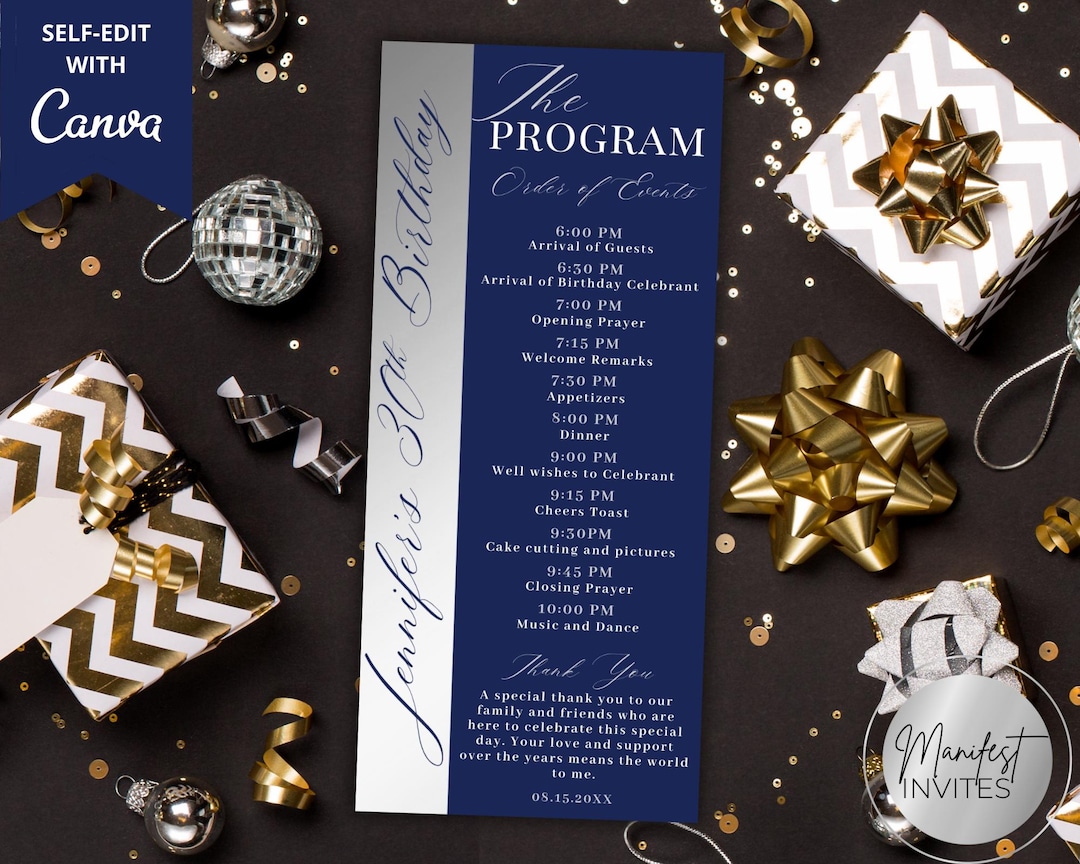 Editable Blue Silver Birthday Program With Thank You Card, Elegant ...