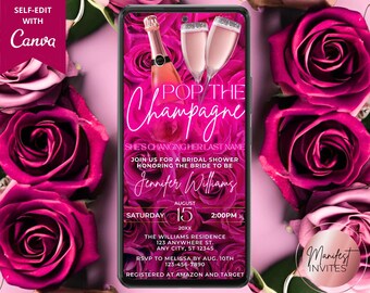 Invito digitale per addio al nubilato "Pop the Champagne", brunch e spumante, rose rosa shocking, invito telefonico, modello modificabile, download immediato