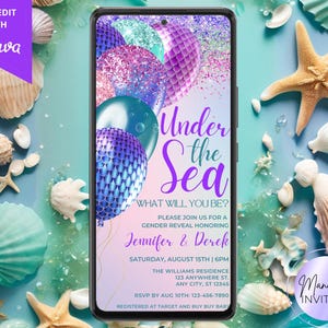 Digital Under the Sea Gender Reveal Party Invitation, Tropical Mermaid Ocean Pool Party, Boy or Girl, Editable Template, Instant Download