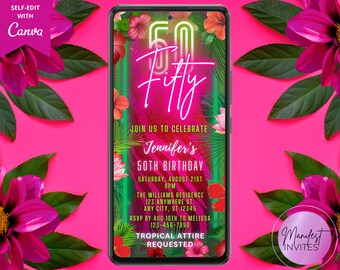 Digital Tropical Pink Floral Fifty 50th Birthday Party Invitation, Electronic Phone Text Evite, Editable Template, Instant Download, TPG4