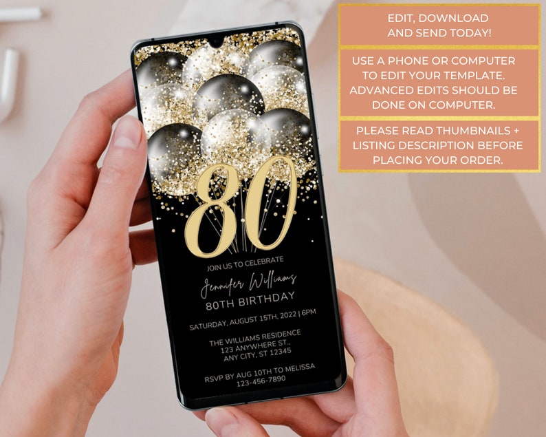 Electronic 80th Birthday Invitation Digital Birthday Party - Etsy
