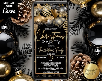 Digitale elegante kerstvakantie uitnodiging feest, moderne zwart goud glamour ornamenten, telefoon Evite, bewerkbare canvas sjabloon, Instant Download