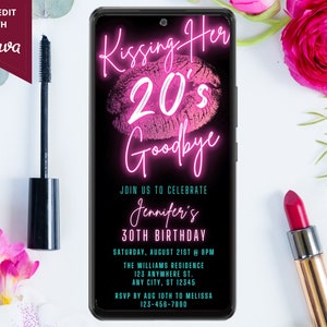 Elektroniczne zaproszenie na przyjęcie urodzinowe Kissing Her 20's Goodbye 30th, cyfrowe zaproszenie na telefon, neonowy różowy turkus, edytowalny szablon, natychmiastowe pobranie