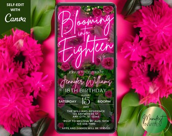 Digital Blooming into Eighteen 18th Birthday Milestone Party Invitation, Glam Pink Neon Floral Greenery, Text Evite, Editable Canva Template
