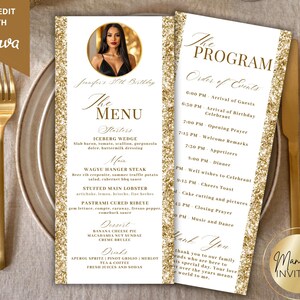 Menú editable elegante con purpurina dorada blanca y tarjeta de agradecimiento con foto, decoración para fiesta de graduación de cumpleaños, plantilla imprimible de Canva.