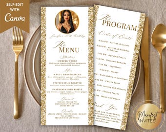 Bearbeitbares elegantes Weißgold-Glitzer-Menüprogramm und Dankesfoto-Notizkarte, Geburtstags-Abschluss-Partydekor, druckbare Canva-Vorlage