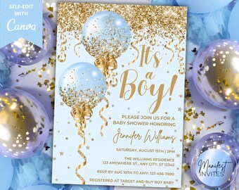 Editable It's a Boy Blue Gold Glitter Balloons Baby Shower Invitation Template, Custom DIY Printable Invitation, Canva, Instant Download