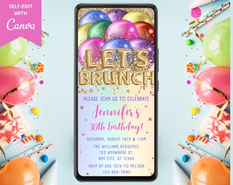 Digital Let's Brunch Birthday Party Rainbow Balloons Invitation, Electronic Phone Text Message Evite, Editable Template, Instant Download