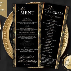May include: Two tall, rectangular black and gold cards featuring the text The MENU and The PROGRAM. The designs include a black background with gold geometric patterns and sparkling accents. The menu lists starters, main courses, desserts, and drinks.