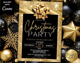 Bearbeitbare moderne Glam Schwarz Gold Weihnachtsfeier-Einladung, elegante formelle Urlaub Bürofeier, druckbare Canva Vorlage, sofortiger Download