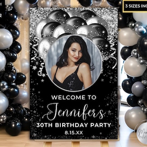 Modèle de plaque de bienvenue pour fête des ballons en argent noir, photo modifiable, remise des diplômes, décoration d&#39;anniversaire imprimable, modèle de toile, téléchargement immédiat