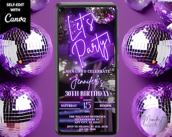 Digital Let's Party Purple Neon Silver Disco Ball Birthday Party Invitation, Electronic Phone Evite, Editable Template, Instant Download