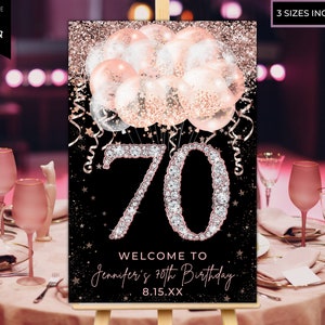 Printable 70th Rose Gold Diamonds Glitter Balloons Welcome Sign ...