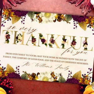Editable So Very Thankful For You Thanksgiving Greeting Card, Autumn Floral, Printable and Digital Card, Editable Template, Instant Download