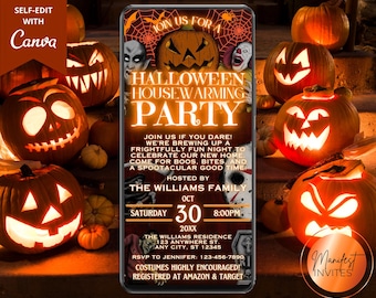 Invitación digital para fiesta de Halloween de inauguración de casa, fiesta terrorífica de nuevo hogar, texto de Evite, monstruos de neón aterradores, plantilla editable, descarga instantánea