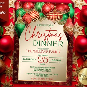 Editable Elegant Glam Christmas Dinner Party Invitation, Holiday Cocktail Party, Red Green, Printable Canva Template, Instant Download