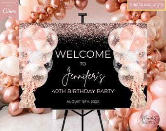 Editable Rose Gold Glitter Balloons Birthday Welcome Sign, Printable Entrance Sign, Galm Party Decor, Canva Template, Instant Download
