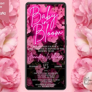 Digital Baby In Bloom Neon Pink Floral Girl Baby Shower Invitation, Electronic Phone Text Evite, Editable Template, Instant Download, PF01
