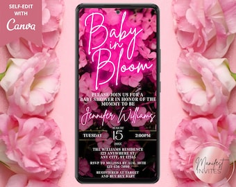 May include: Pink floral baby shower invitation with the text "Baby in Bloom" and the date "August 15, 20XX" at 2:00 PM. The invitation is for Jennifer Williams and includes the address and RSVP information.
