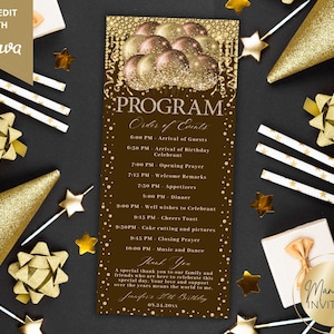 Pode incluir: Um programa de eventos dourado e castanho com o texto "PROGRAM" e "Order of Events". O programa inclui um horário, uma mensagem de agradecimento e o texto "Manifest Invites". O design apresenta balões e estrelas douradas.