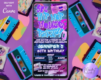 Digital 90's Hip Hop House Party Birthday Invitation, Neon Graffiti Old School Throwback, Phone Evite, Editable Template, Instant Download