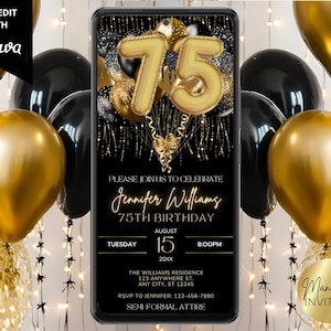Digital 75th Birthday Party Invitation, Black and Gold Balloons, Adult Invite, Electronic Evite, Editable Template, Instant Download, BG43