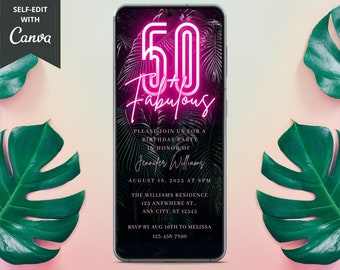 Digital Tropical 50 And Fabulous 50th Birthday Invitation, Electronic Birthday Party Invite, Editable Template, Evite, Instant Download