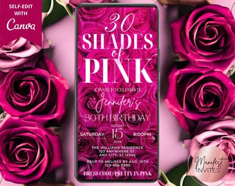 Digital Any Age Shades of Pink Hot Pink Floral Roses Birthday Party Invitation, Electronic Phone Evite, Editable Template, Instant Download