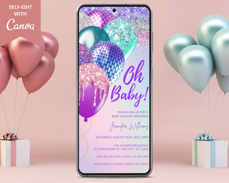 Digital Mermaid Baby Shower Invitation Electronic Baby Shower Invite Under the Sea Baby Shower Evite Editable Template