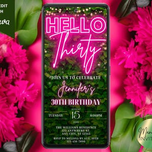 Digital Hello Thirty 30th Birthday Pink Neon Greenery Party Invitation, Electronic Phone Text Evite, Editable Template, Instant Download
