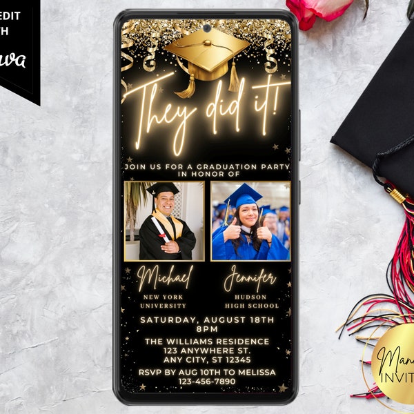 Digital Double Graduation Party Invitation, Electronic Phone Text Evite, 2 Photo Template, Gold Neon, Editable Template, Instant Download