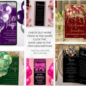 May include: A set of printable 30th birthday party invitations with a gold glitter and balloon theme. The invitations feature different designs with a variety of colours, including purple, green, red, and black. The text on the invitations includes "Let's Party", "Game Night", "Welcome to Jennifer's 30th Birthday Party", and "Jennifer's 30th Birthday Menu".